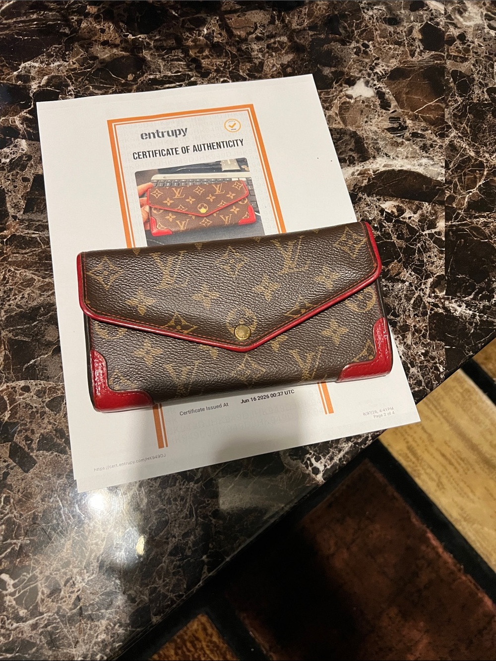 🔥🔥🔥Louis Vuitton Brown Monogram Envelope Wallet with Red Trim with 2 COA!